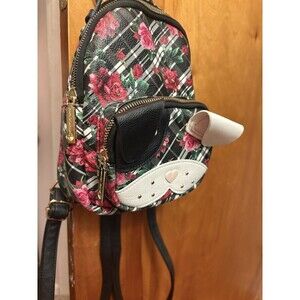 Betsey Johnson Floral Plaid Dog Backpack with Applique Accents & Coin Purse